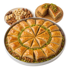 Delicious baklava pieces arranged with nuts and pistachio on transparent background