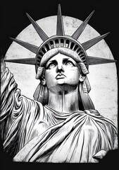 Black and white detailed illustration of the Statue of Liberty with a somber expression and a large circular background element