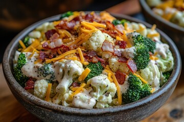 Creamy cauliflower and broccoli salad with bacon and cheese