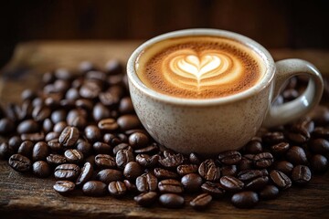 Close-up of a ceramic cup filled with cappuccino featuring latte art heart shape surrounded by scattered roasted coffee beans on wooden surface