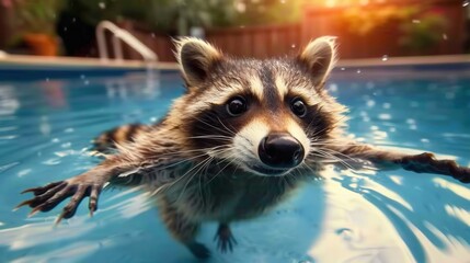 A curious raccoon takes a dip in the refreshing blue water of a backyard swimming pool.
