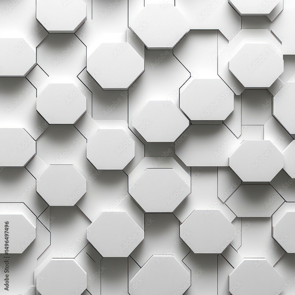 Poster abstract geometric pattern of raised white octagons casting soft shadows on a white background, crea