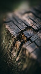 Close Up of a Weathered Wooden Stump, Showing Detailed Texture and Cracks.
