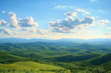 Obraz premium Expansive view of rolling green hills and densely forested landscape under a bright blue sky with scattered white clouds during daytime