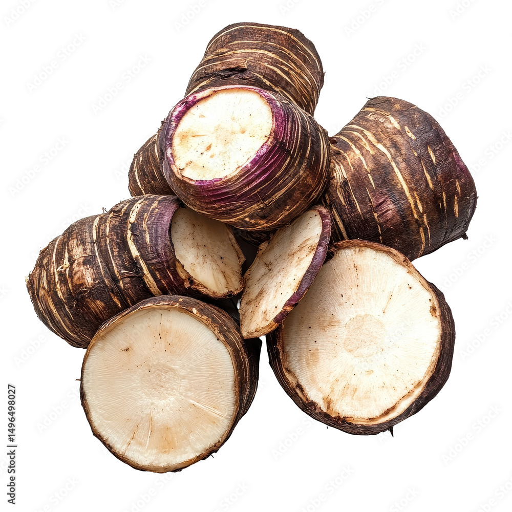 Poster fresh taro roots displayed on a plain transparent background showcasing their unique texture and col