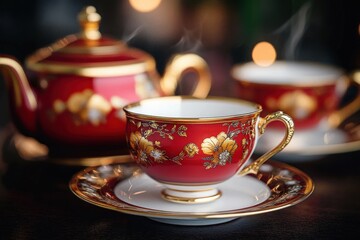 Fototapeta premium Elegant red and gold floral patterned tea cup and saucer with a matching teapot and additional tea cup in soft warm light, steam rising creating a cozy atmosphere