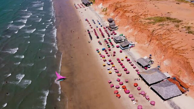 Scenic Beach In Canoa Quebrada Ceara Brazil. Bird Eye View Of A Amazing Coastal Beach In The Summer Holiday. Shore Sky Clouds Beach Sea. Seaside Panorama. Canoa Quebrada Ceara.