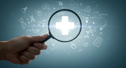 Hand Holding a Magnifying Glass Focusing on a Glowing Medical Cross, Surrounded by Healthcare and Scientific Icons, Representing Health Research, Discovery, and Medical Innovation.