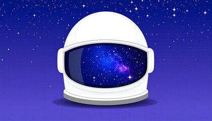 Astronaut helmet reflects a colourful nebula in deep space, against a starry blue background. Explore the cosmos.