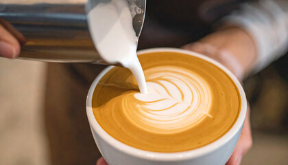 Barista expertly pours steamed milk, creating beautiful rosetta latte art in a coffee cup. Close-up view.