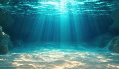 Calm underwater scene with sunlight rays penetrating clear blue water onto sandy seabed and surrounding rocky formations
