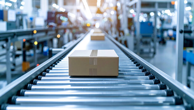 Cardboard box moving along a conveyor belt in a factory or warehouse setting.