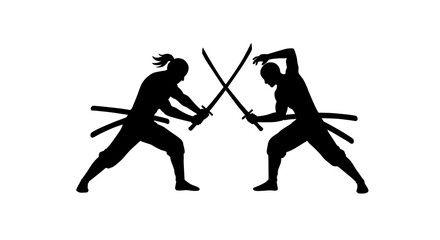 Silhouette of Two Ninjas Engaged in Sword Combat