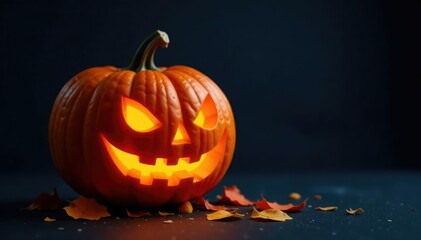 A perfectly carved pumpkin glows on a dark background, ready for Halloween , halloween night, shadow