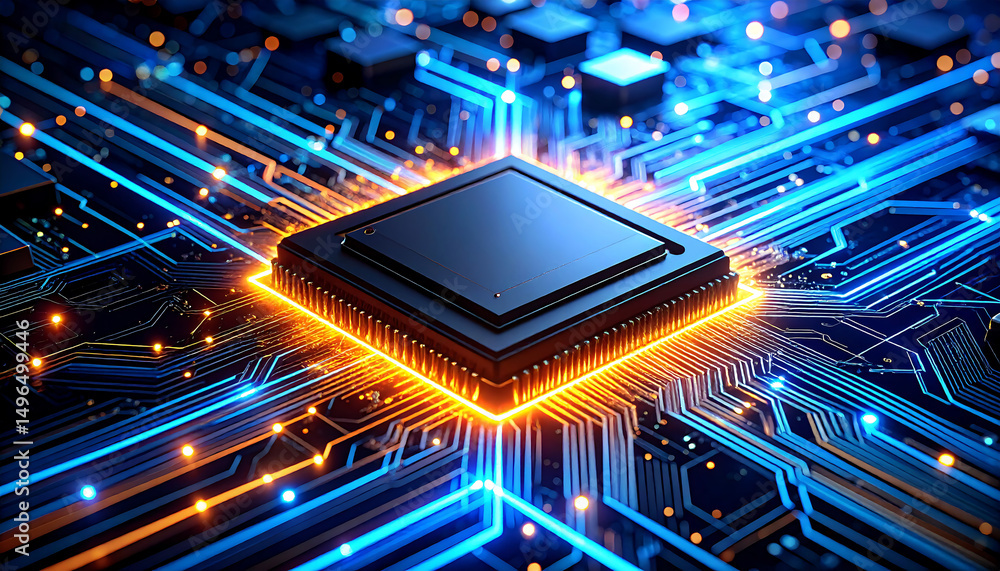 Poster computer chip glowing orange on circuit board with blue light trails. high technology and computing 