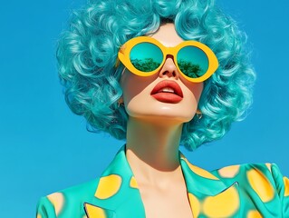 鮮やかな青のウィッグとサングラスの女性ポートレート