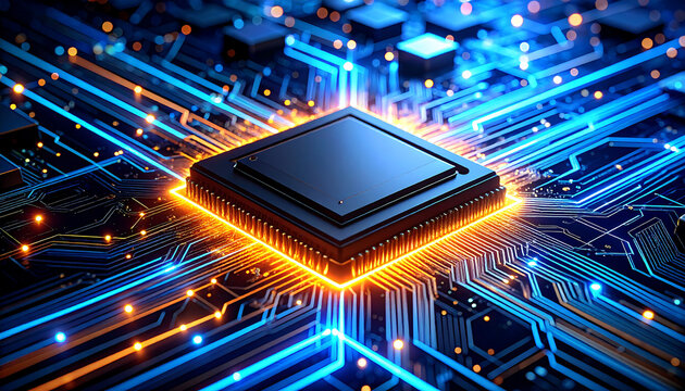 Computer chip glowing orange on circuit board with blue light trails. High technology and computing concept.