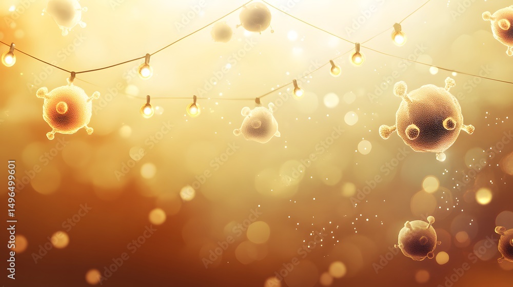 Poster golden illuminated string lights illuminating floating spheres.