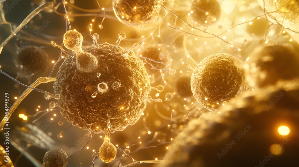 Poster detailed illustration of biological structures interacting within a complex system.