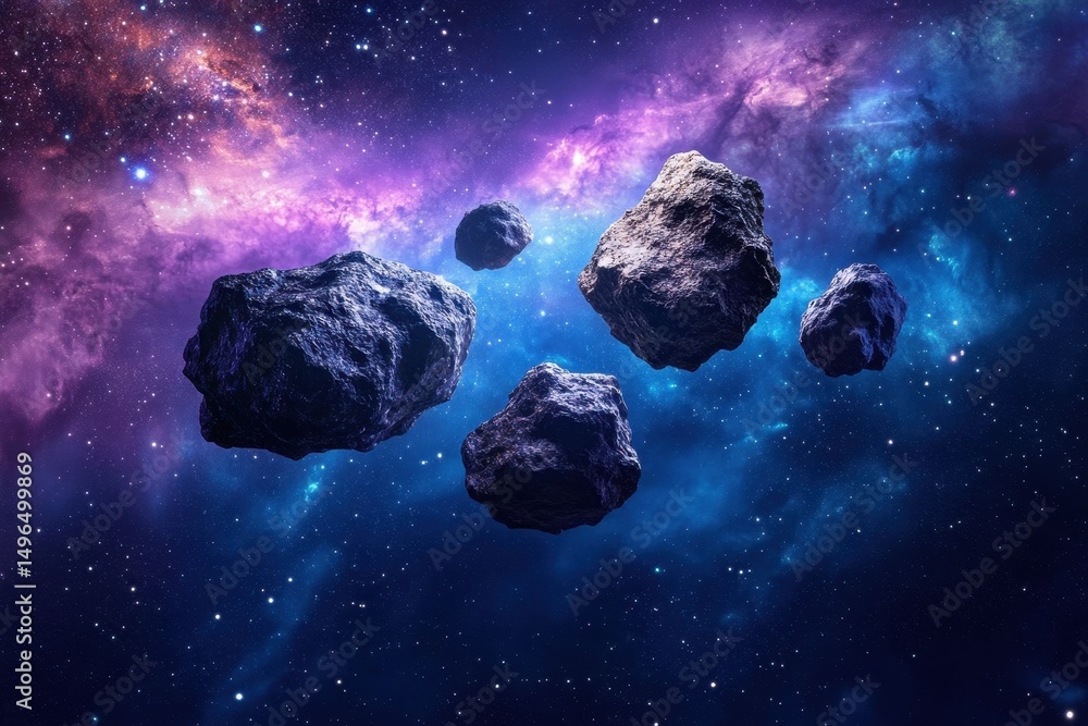 Poster floating asteroids drift through a vibrant cosmic backdrop in a futuristic setting, asteroids in a f