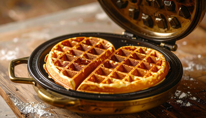 Freshly cooked heart-shaped waffles in an open waffle iron, golden brown and delicious. Flour spilled on the table.