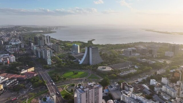 Sunset City In Porto Alegre Rio Grande Do Sul Brazil. Birds Eye View Of Stunning Cityscape With Streets And Buildings. Building Metropolitan Skyline Birds View Vibrant.