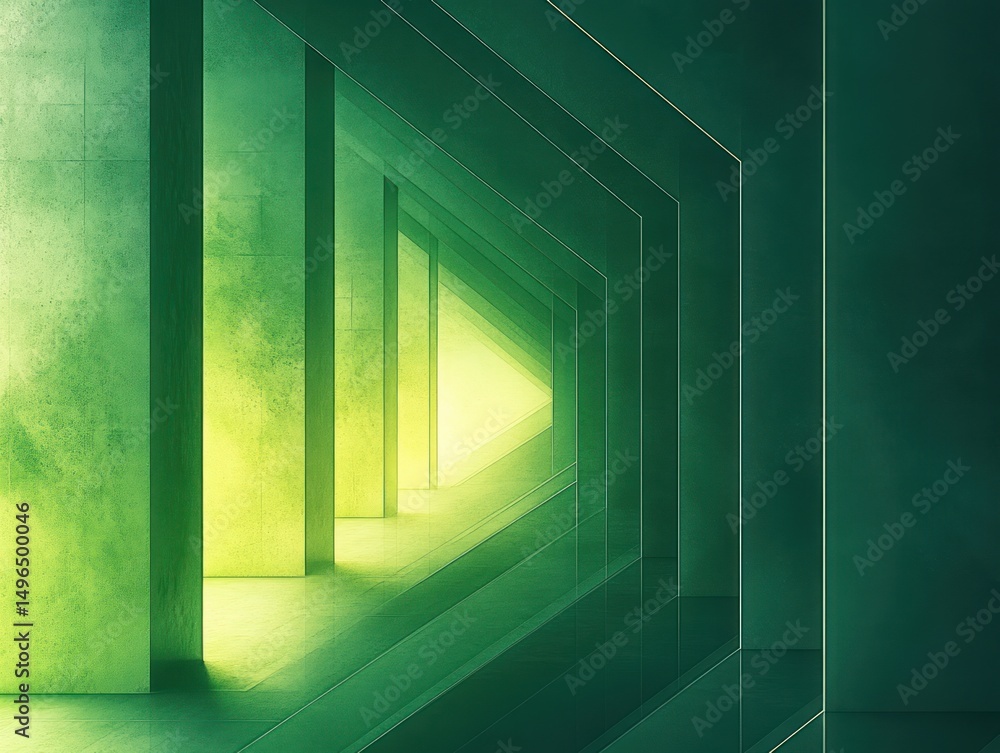 Poster abstract geometric green hallway with triangular openings and soft glowing light creating a futurist