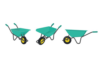 Three Cartoon Styled Green Wheelbarrows Are Isolated Against A Plain White Background In A Row