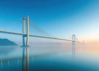 Long cable-stayed bridge spanning calm water with reflections and morning mist under clear blue sky and soft sunlight