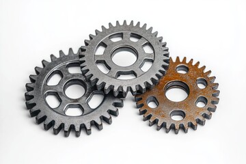Three interlocked metal gears with one gear showing signs of rust on a white background symbolizing mechanical parts and industrial wear