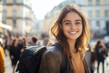 young woman with a backpack smiling cheerfully in a busy urban street on a sunny day