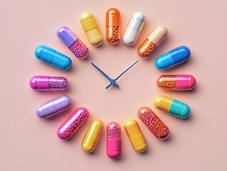Clock made of colorful capsules arranged in a circle with blue clock hands on a pink background symbolizing time and medication
