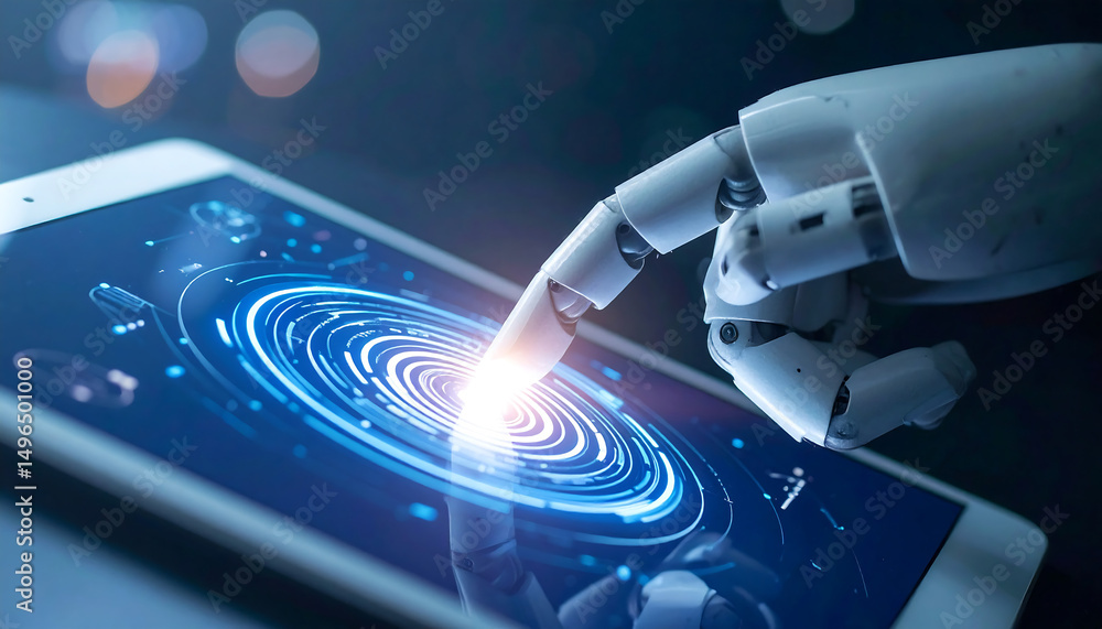 Aufkleber robotic hand interacts with glowing digital interface on tablet, symbolizing ai connection and futur