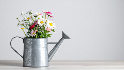 Rustic metal watering can filled with wildflowers like daisies on a wooden table against a simple white background.