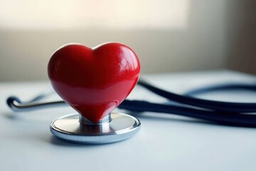 shiny red heart resting on the chest piece of a metallic stethoscope on white surface with blurred background symbolizing healthcare and heart health