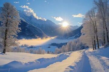 Winter sunrise over snow-covered landscape with frosted trees, mountains, and a winding snowy path leading through a serene valley