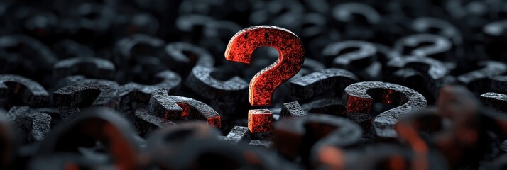 A prominent red question mark standing out among a scattered pile of dark, metal question marks evoking confusion and curiosity