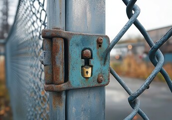 Close-up of a rusty blue metal gate lock with a small padlock on a chain-link fence in an outdoor setting