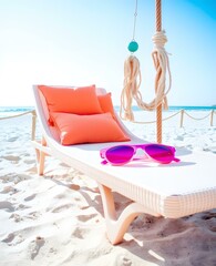 Weathered Chaise Lounge on Sandy Beach with Bright Pink Sunglasses and Cushions Under Clear Blue Sky