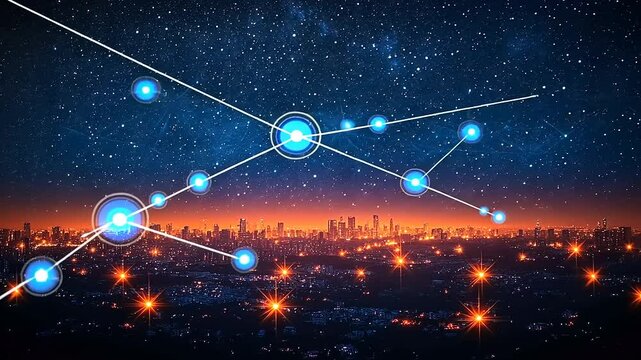 Connecting constellations over a city skyline in a mesmerizing star gazing animation