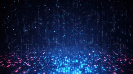 Abstract digital matrix with cascading blue and pink glowing data streams on a dark background creating a futuristic and immersive technology atmosphere