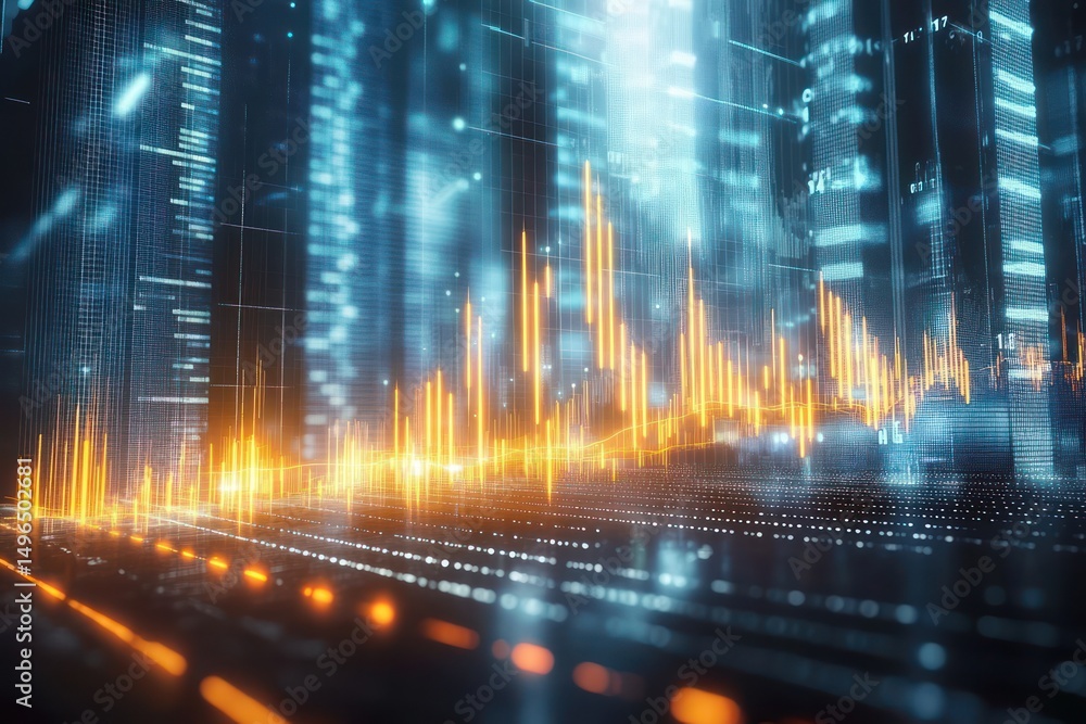 Poster glowing orange digital financial data graph with fluctuating peaks displayed in futuristic blue city