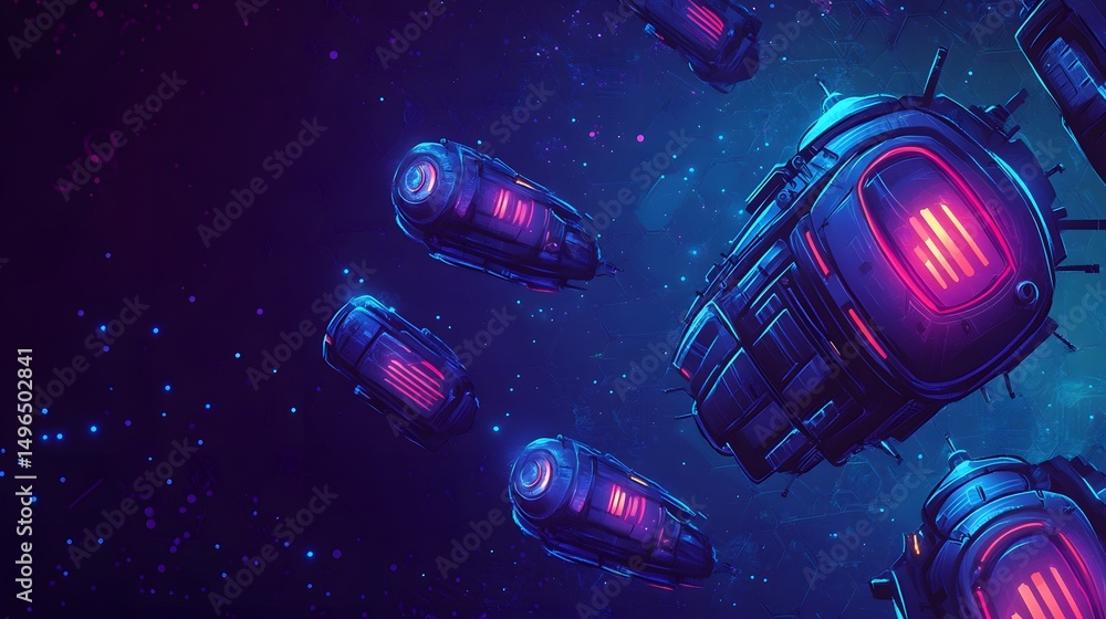 Poster futuristic spacecraft cluster in deep space.