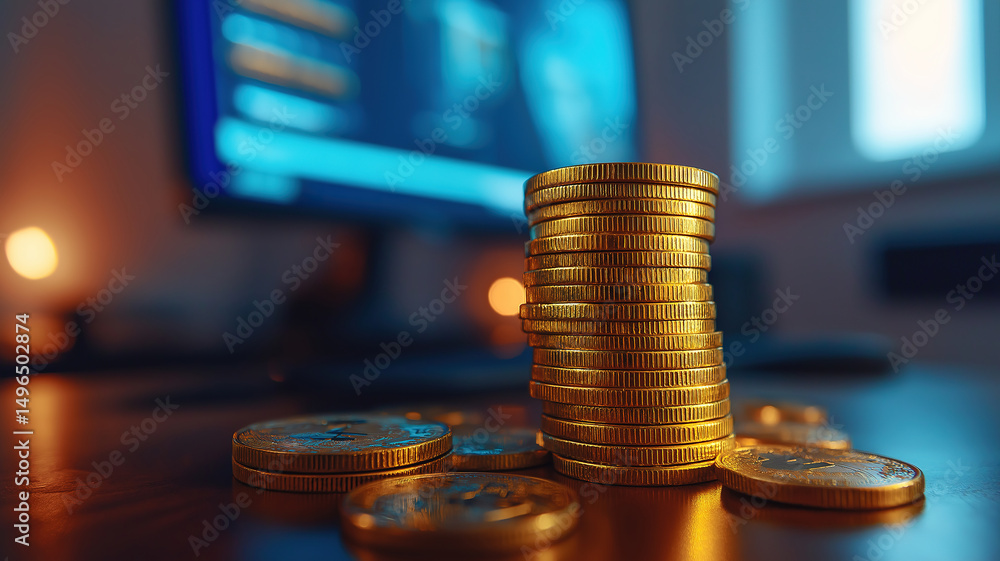 Aufkleber gold coin stack on table surface with a bright computer monitor hinting at online investments