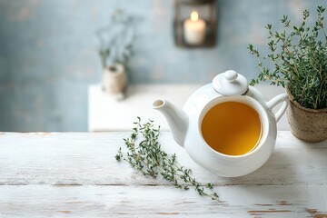 White ceramic teapot filled with herbal tea on rustic white wooden surface with fresh thyme sprigs and potted thyme plant in soft natural light creating calm atmosphere