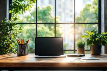 Cozy wooden desk with closed laptop, notebooks, pencils, and green plants by a large window with sunlight and greenery outside creating a calm workspace