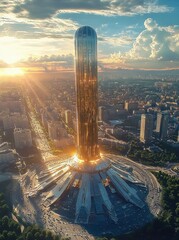 Futuristic tall cylindrical skyscraper with a rounded top standing in the middle of a large circular complex in a sprawling cityscape during sunset with sun rays and clouds in the sky