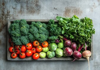 Fresh assortment of green vegetables including broccoli, kale, lettuce, Brussels sprouts, beets, and vine tomatoes arranged neatly in a rectangular tray