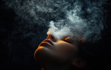 Close-up of a person with closed eyes exhaling a thick cloud of smoke against a dark background conveying a sense of calm and introspection