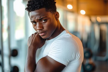 Thoughtful young man in white t-shirt looking intensely at camera with crossed arms in a softly lit indoor setting